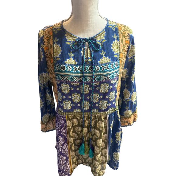 Soft Surroundings Top Floral Boho Hippie Tassel Women's M Multicolor 3/4 Sleeve - Picture 4 of 14